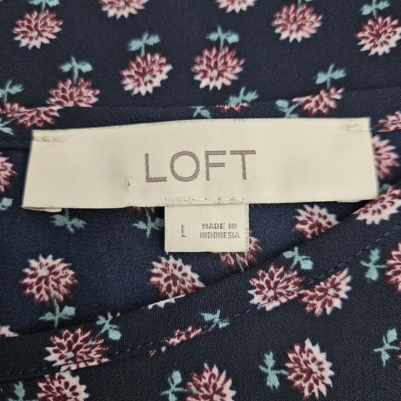 Ann Taylor LOFT Blouse Navy Blue Floral Ruffle Long Sleeve Shirt Large - Picture 6 of 7